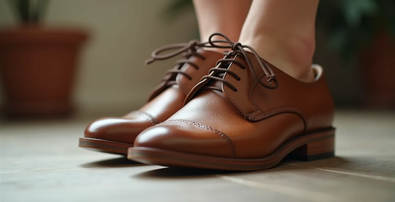 Détail en macrophotographie des pieds d'une femme portant des derbies, montrant l'ancrage et l'enracinement au sol