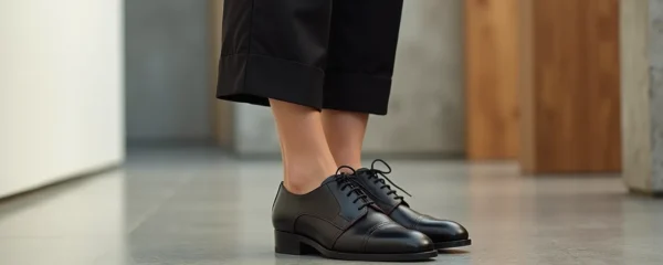 Femme portant des derbies élégantes en cuir noir avec posture assurée, pieds ancrés au sol