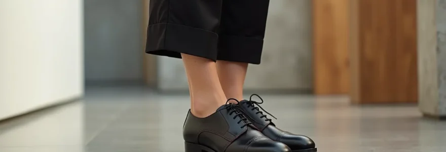 Femme portant des derbies élégantes en cuir noir avec posture assurée, pieds ancrés au sol