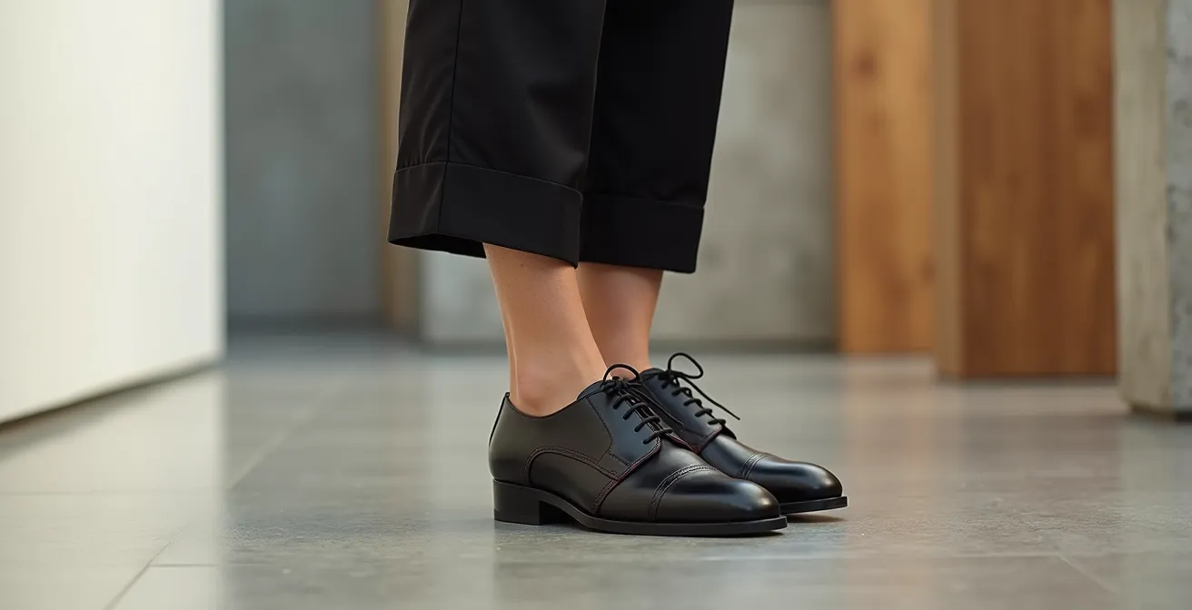 Femme portant des derbies élégantes en cuir noir avec posture assurée, pieds ancrés au sol