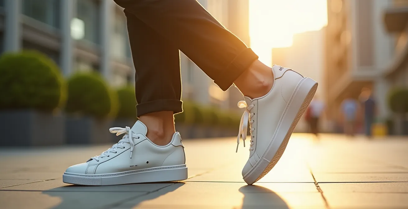 Personne portant des baskets minimalistes écoresponsables en contexte urbain